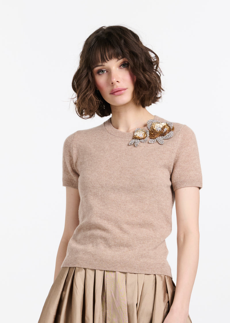 Cashmere Sweater With Applique Pailette Flowers - Gold