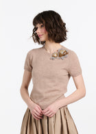 Cashmere Sweater With Applique Pailette Flowers - Gold
