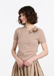 Cashmere Sweater With Applique Pailette Flowers - Gold