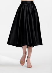 TEA LENGTH PLEATED SOFT TAFFETA MIDI SKIRT BLACK