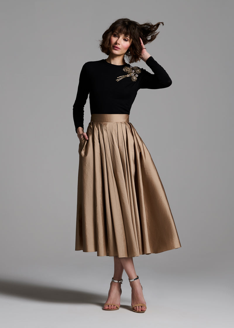 Tea Length Pleated Soft Taffeta Midi Skirt Suntan