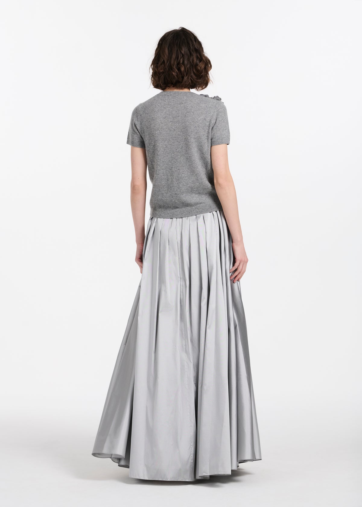 Cashmere Short Sleeve Sweater With Silk Flowers Silver