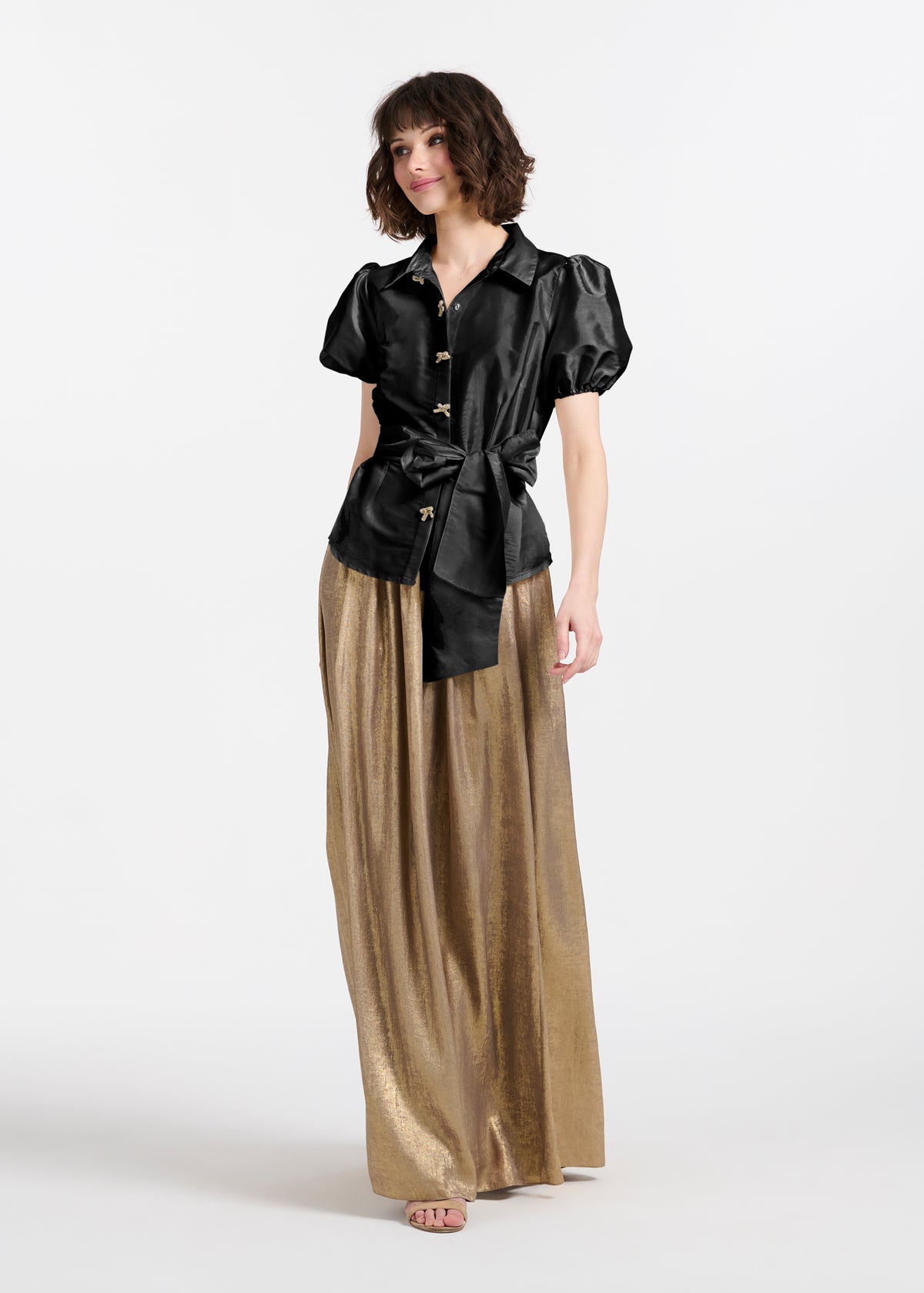 Puff Sleeve Blouse With Bow Buttons Black