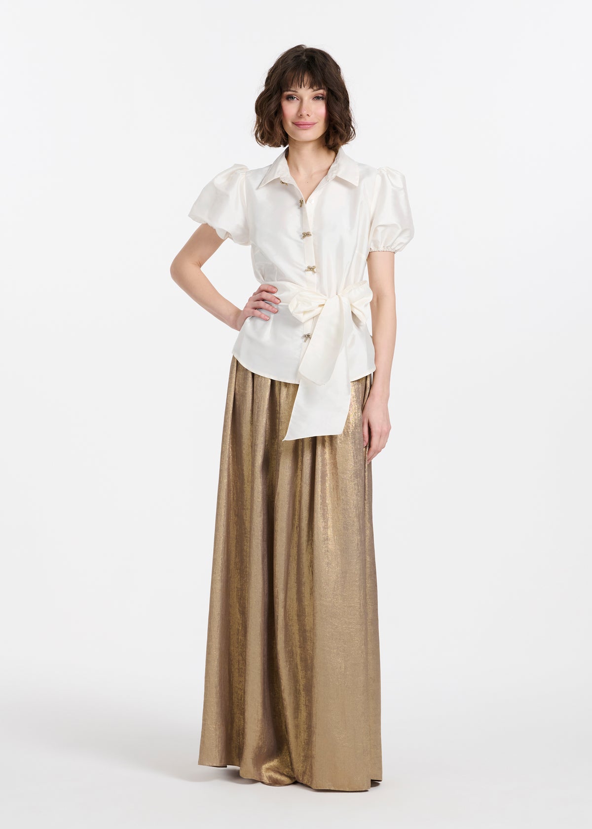 Puff Sleeve Blouse With Bow Buttons Ivory