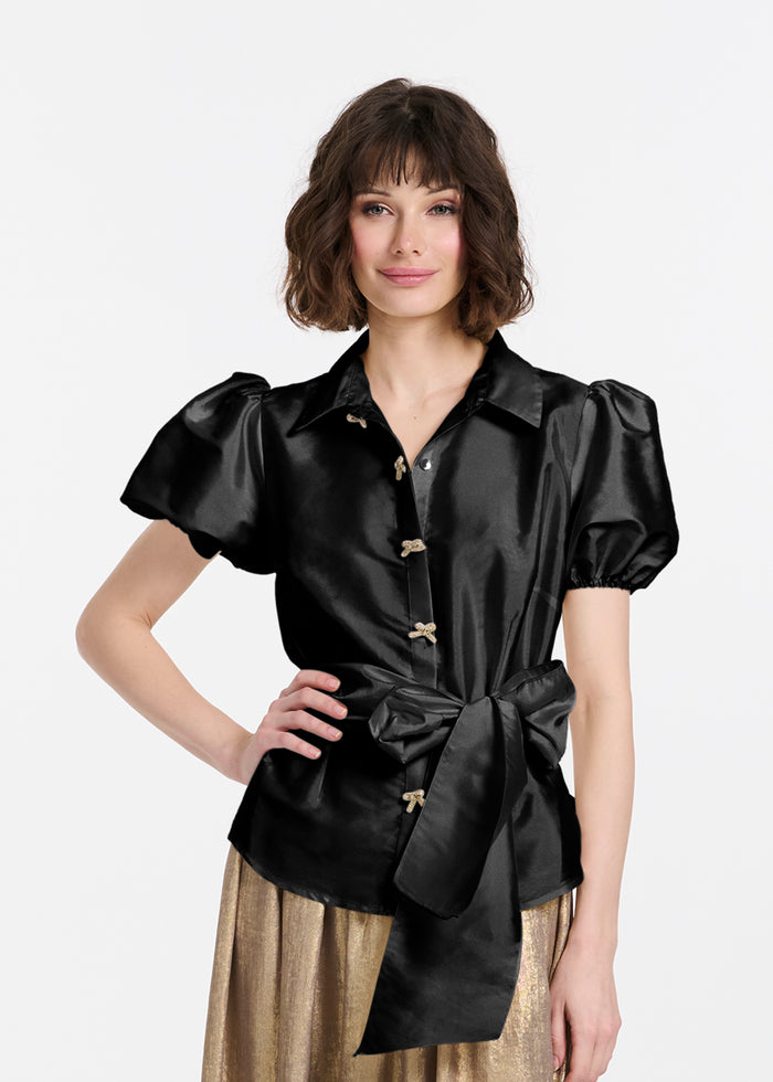 Puff Sleeve Blouse With Bow Buttons Black