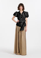 Puff Sleeve Blouse With Bow Buttons Black