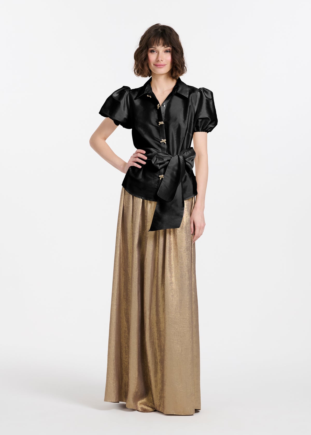 Puff Sleeve Blouse With Bow Buttons Black