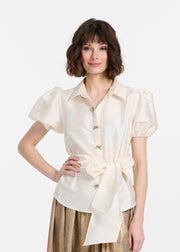 Puff Sleeve Blouse With Bow Buttons Black