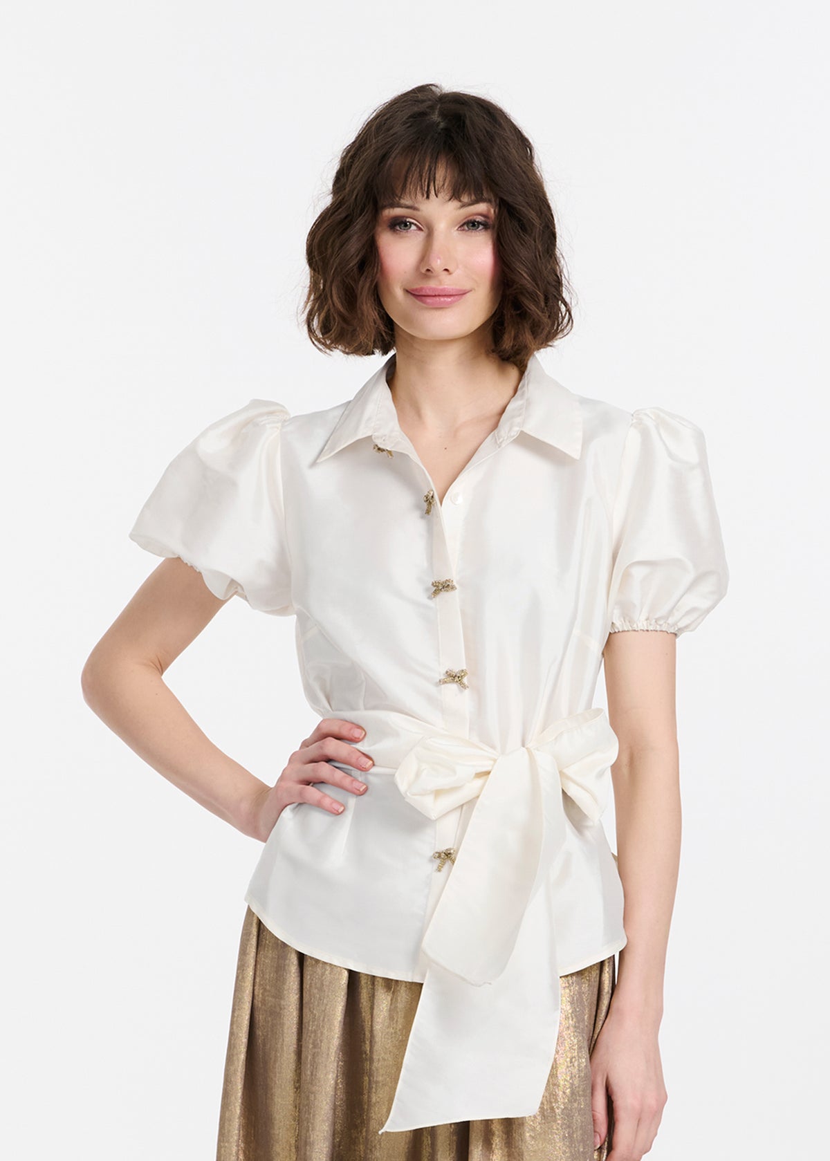 Puff Sleeve Blouse With Bow Buttons Ivory