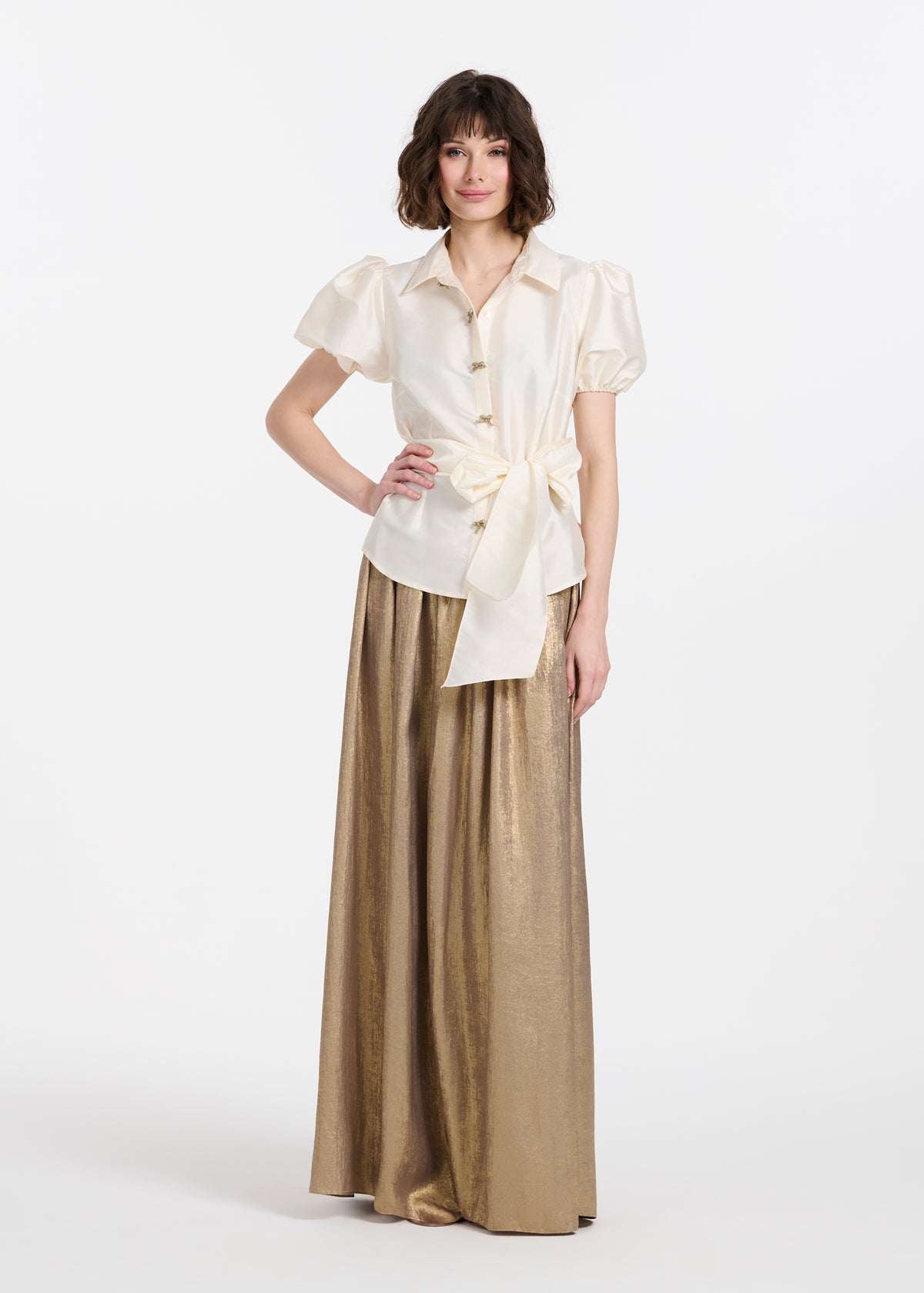 Puff Sleeve Blouse With Bow Buttons Black