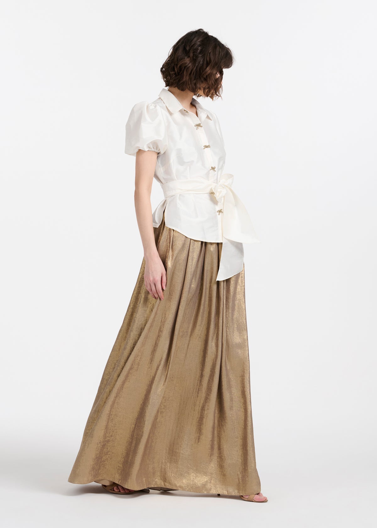 Puff Sleeve Blouse With Bow Buttons Ivory