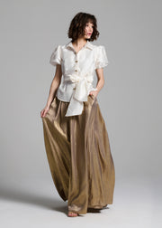 Puff Sleeve Blouse With Bow Buttons Ivory