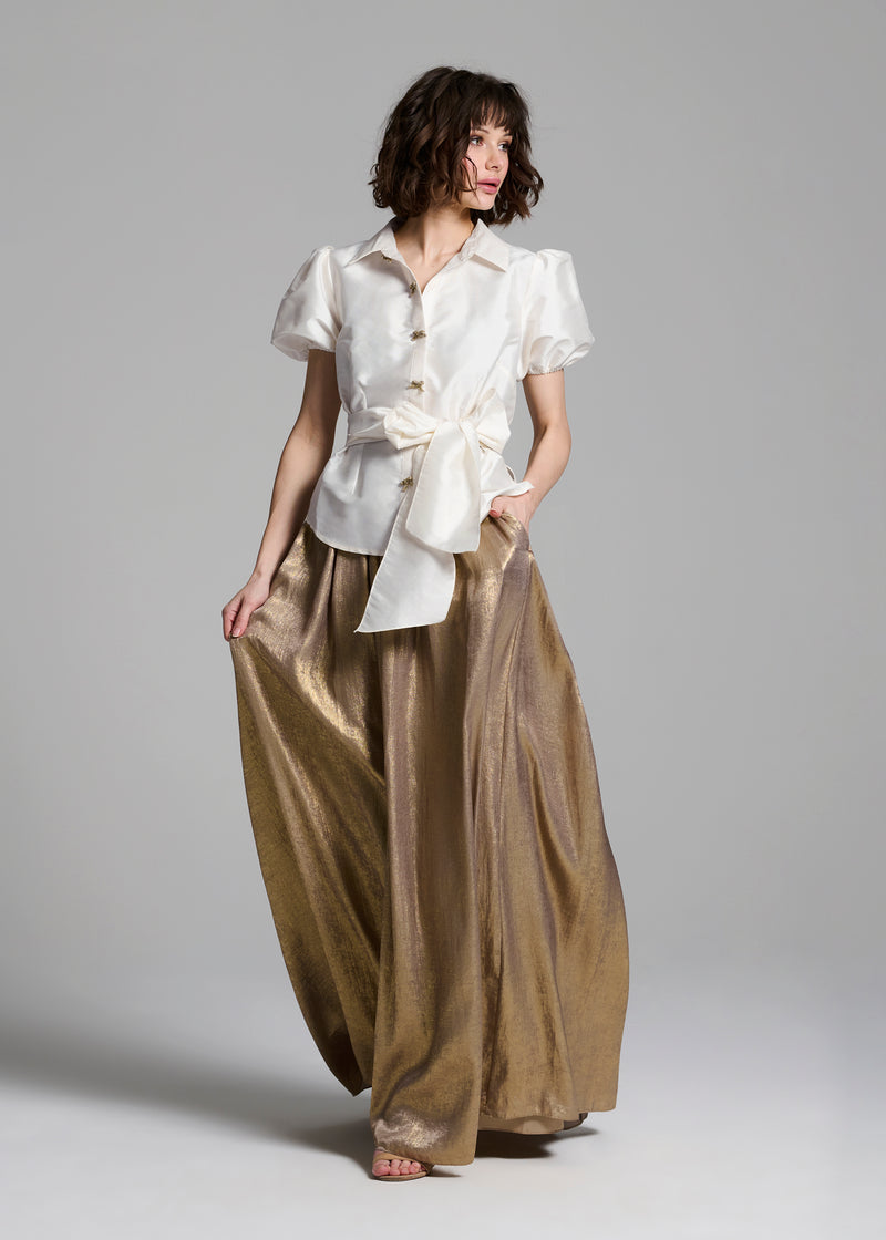 Puff Sleeve Blouse With Bow Buttons Ivory