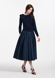 Cashmere Long Sleeve Sweater With Flowers- Navy