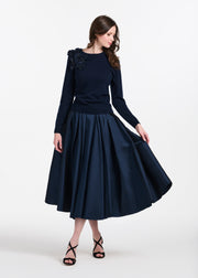 Cashmere Long Sleeve Sweater With Flowers- Navy
