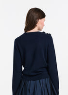 Cashmere Long Sleeve Sweater With Flowers- Navy