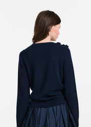 Cashmere Long Sleeve Sweater With Flowers- Navy