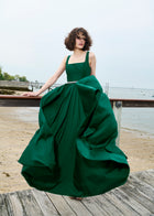 Taffeta Square Neck Gown With Crystal Trim And Corset - Emerald