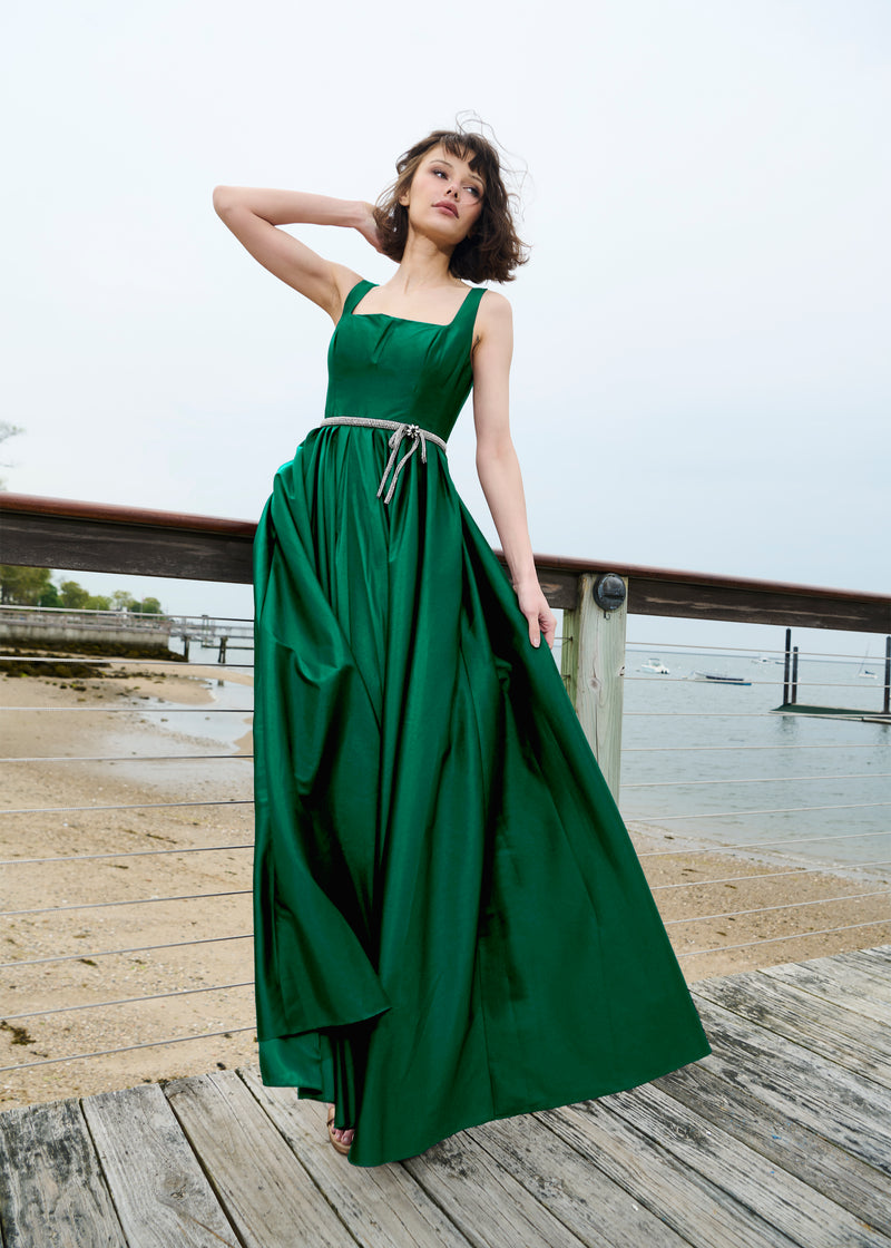 Taffeta Square Neck Gown With Crystal Trim And Corset - Emerald