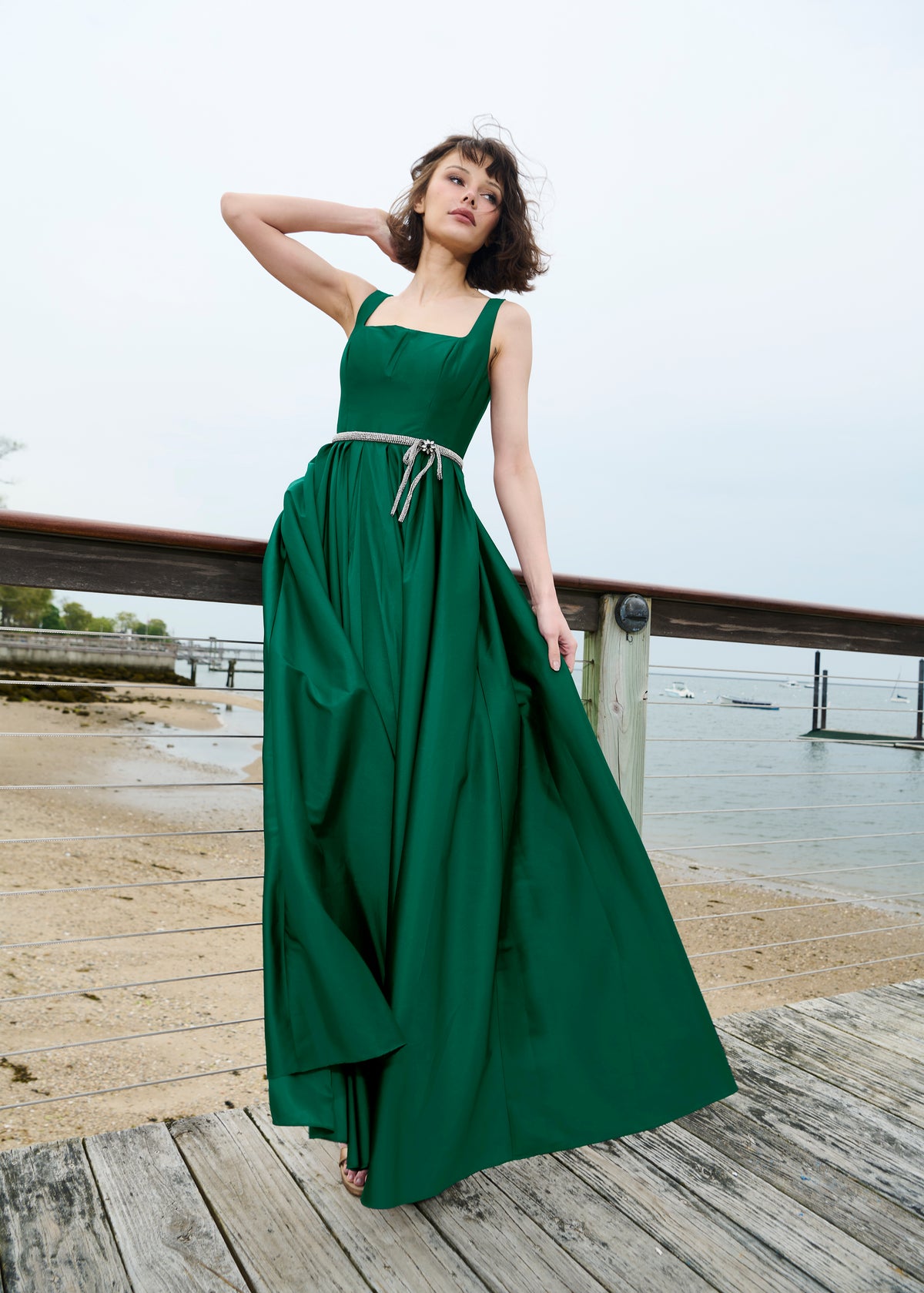 Taffeta Square Neck Gown With Crystal Trim And Corset - Emerald