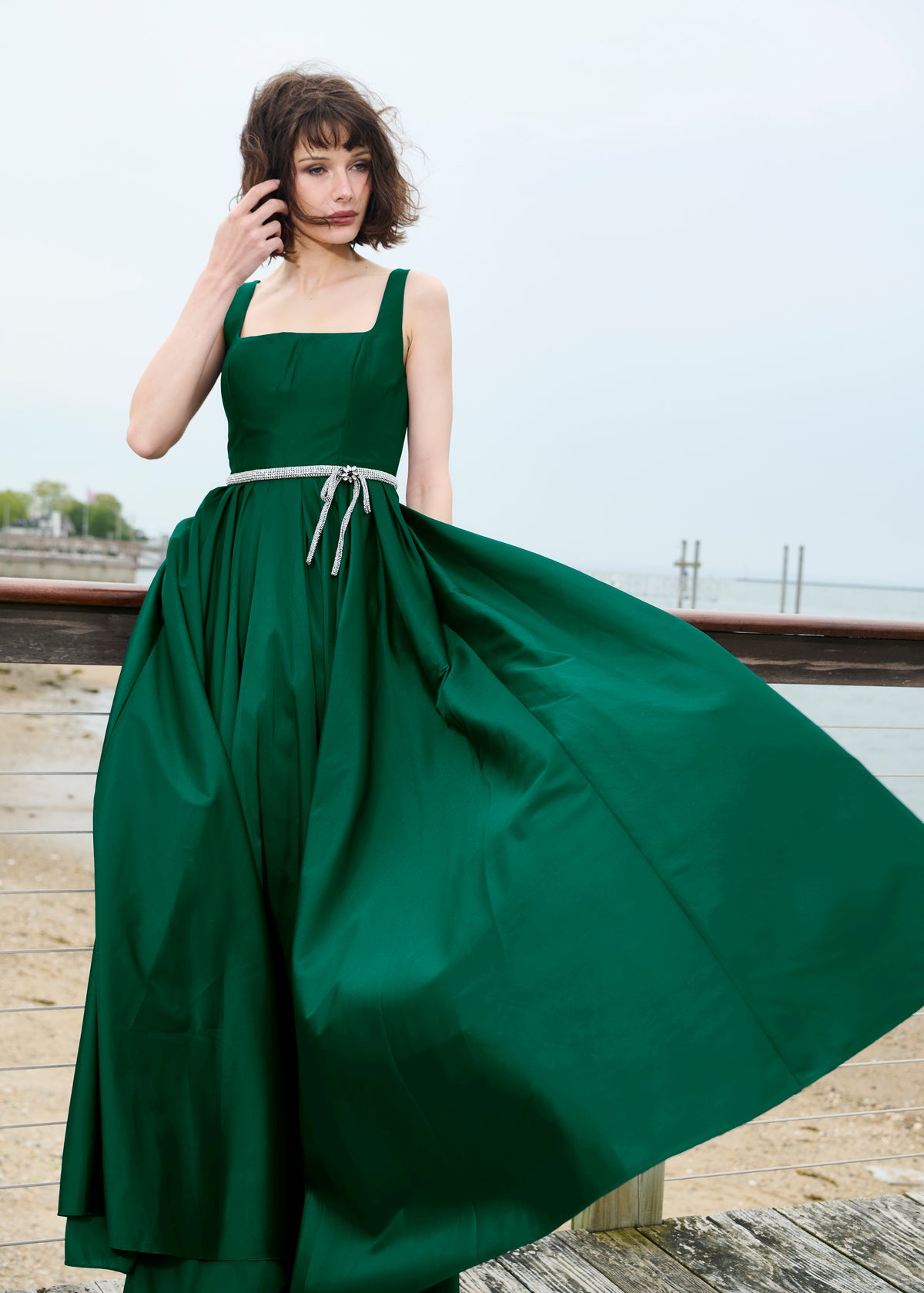 Taffeta Square Neck Gown With Crystal Trim And Corset - Emerald