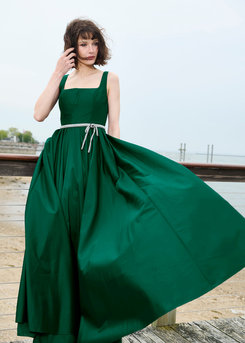 Taffeta Square Neck Gown With Crystal Trim And Corset - Emerald