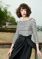 BEADED STRIPED GOWN WITH TAFFETA SKIRT