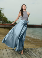 PEARL MOCK NECK TAFFETA GOWN LIGHT BLUE