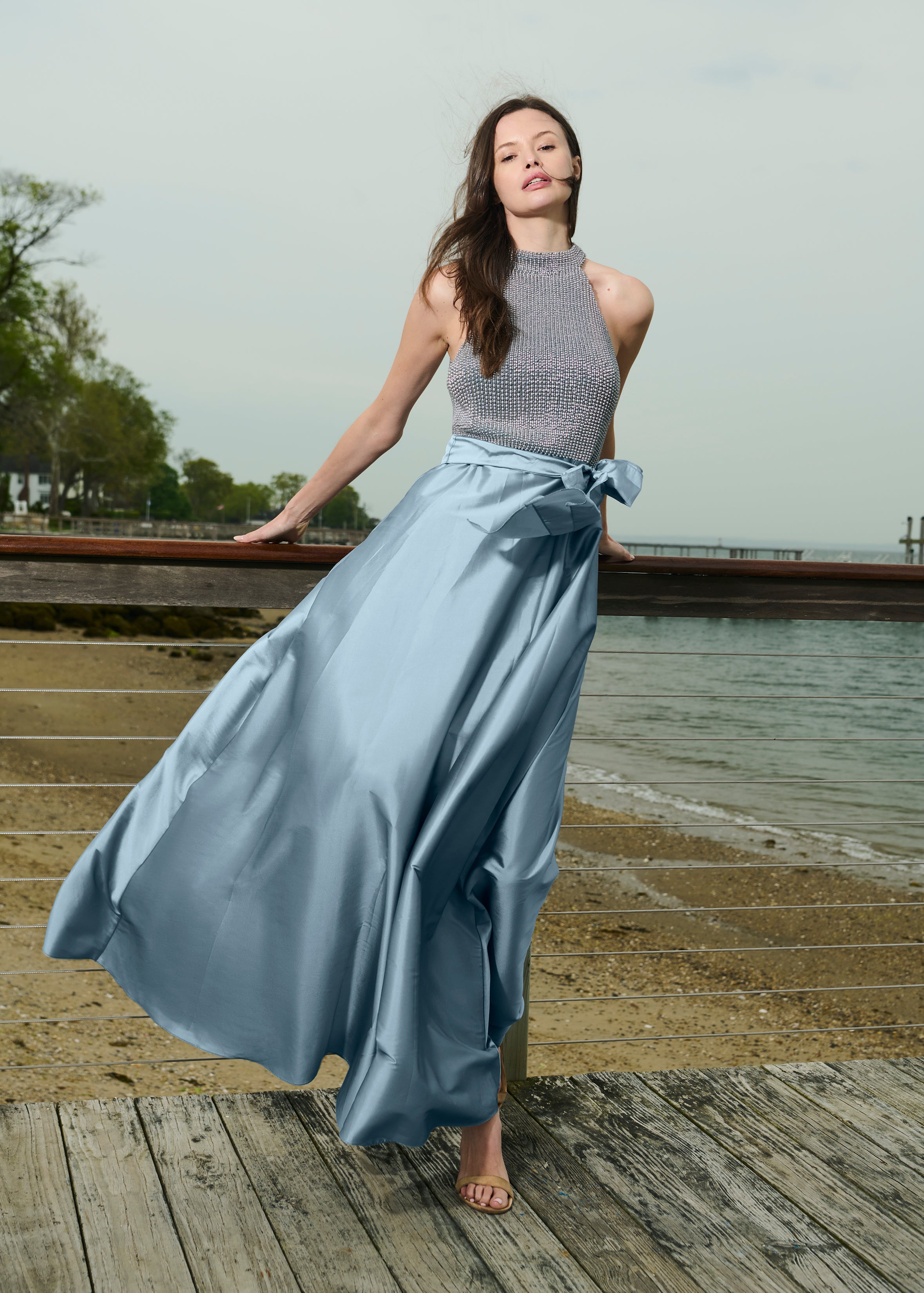 PEARL MOCK NECK TAFFETA GOWN LIGHT BLUE