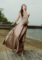 PEARL MOCK NECK TAFFETA GOWN SILVER-SUNTAN