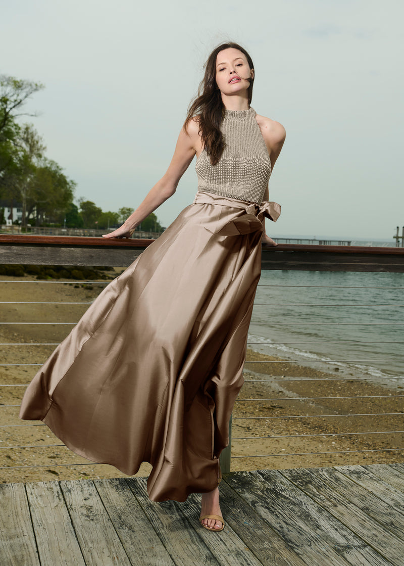 PEARL MOCK NECK TAFFETA GOWN SILVER-SUNTAN