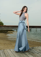 PEARL MOCK NECK TAFFETA GOWN LIGHT BLUE