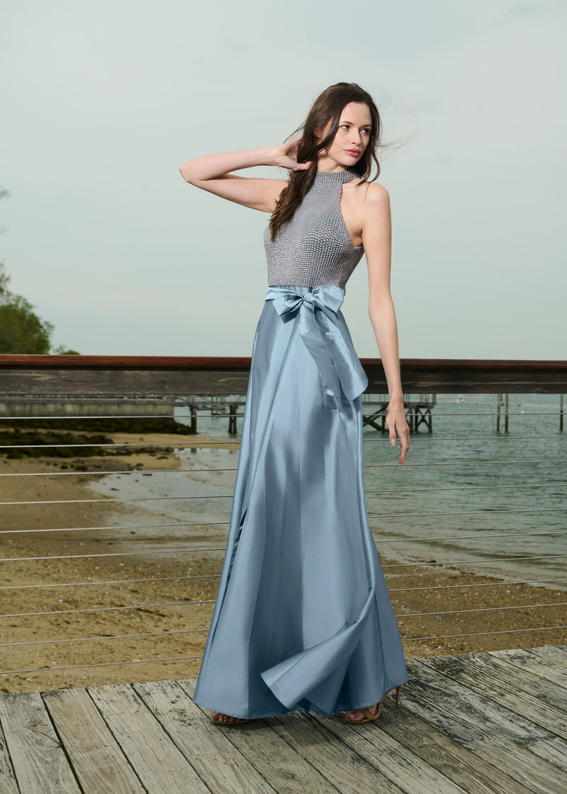 PEARL MOCK NECK TAFFETA GOWN LIGHT BLUE