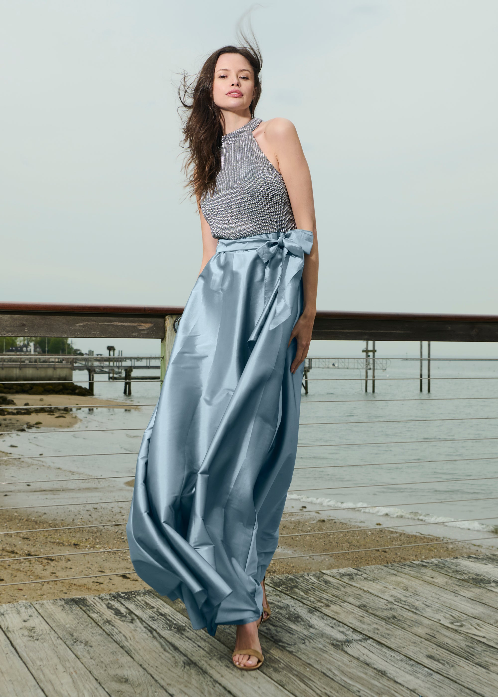 PEARL MOCK NECK TAFFETA GOWN LIGHT BLUE