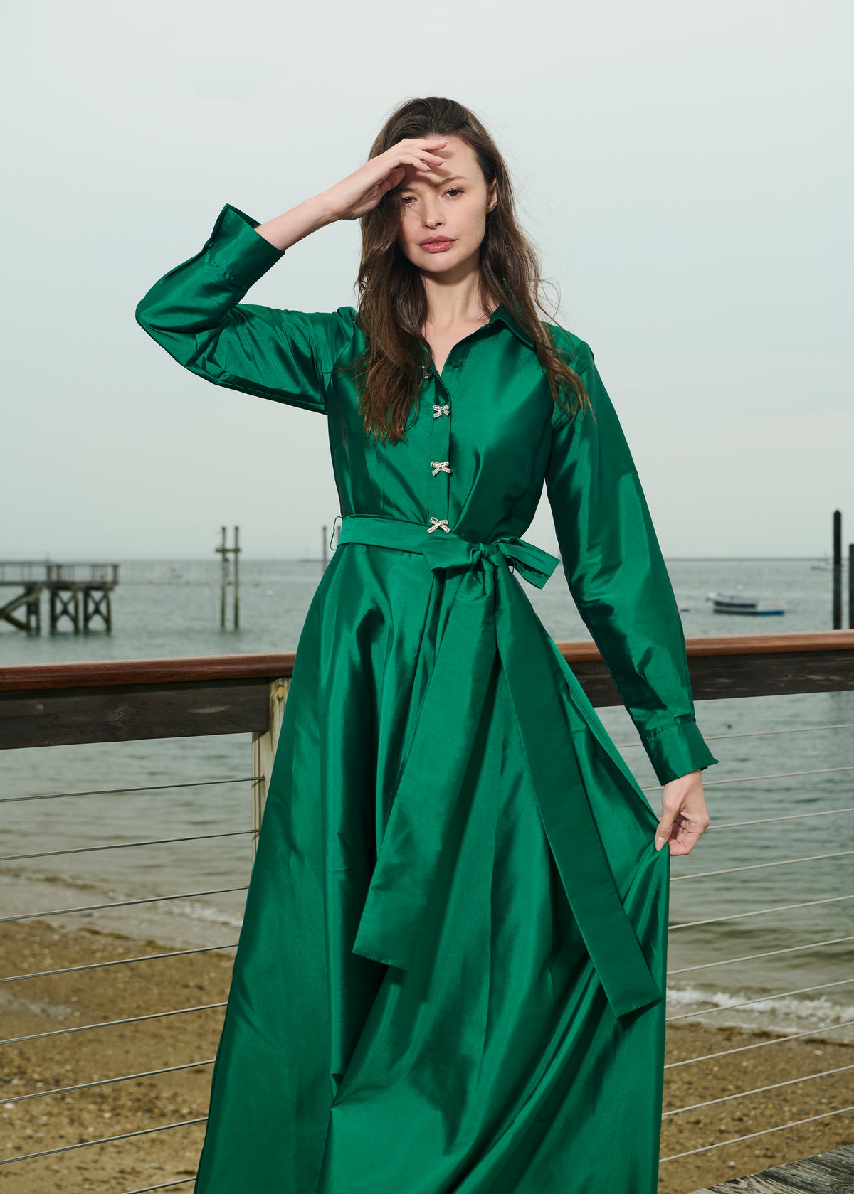 Taffeta Aline Gown With Crystal Buttons Emerald