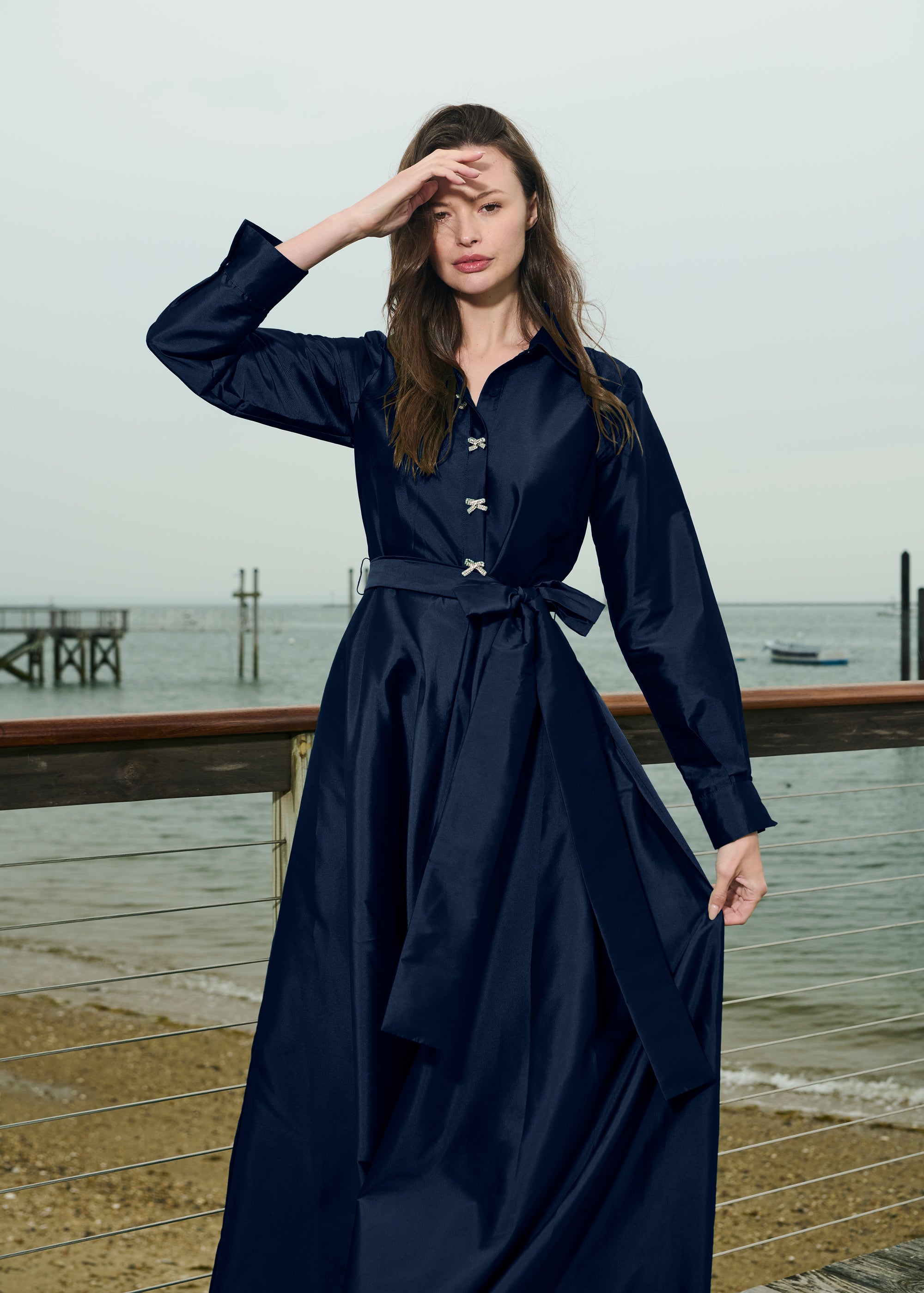 TAFFETA ALINE GOWN WITH CRYSTAL BUTTONS NAVY