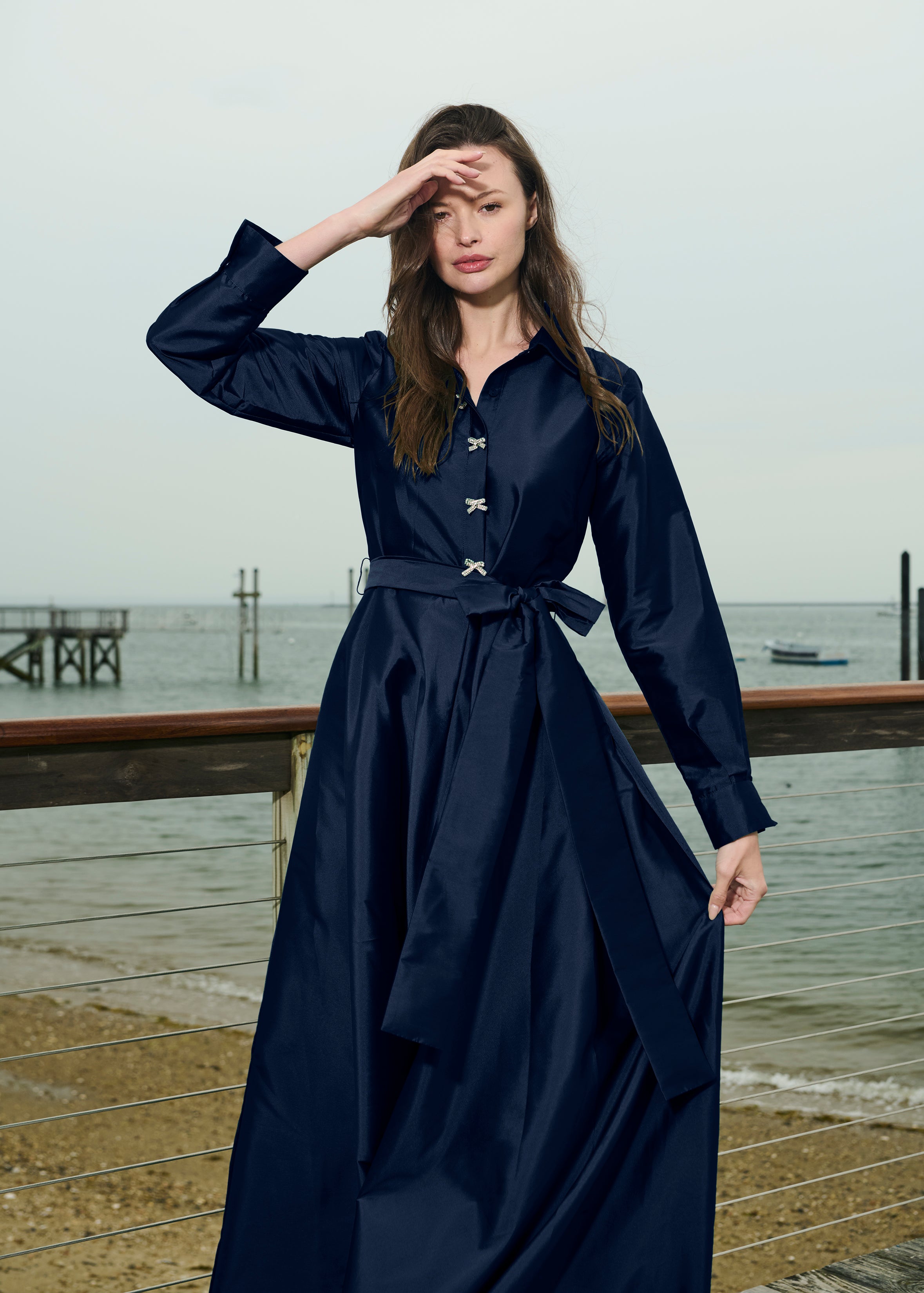 TAFFETA ALINE GOWN WITH CRYSTAL BUTTONS NAVY