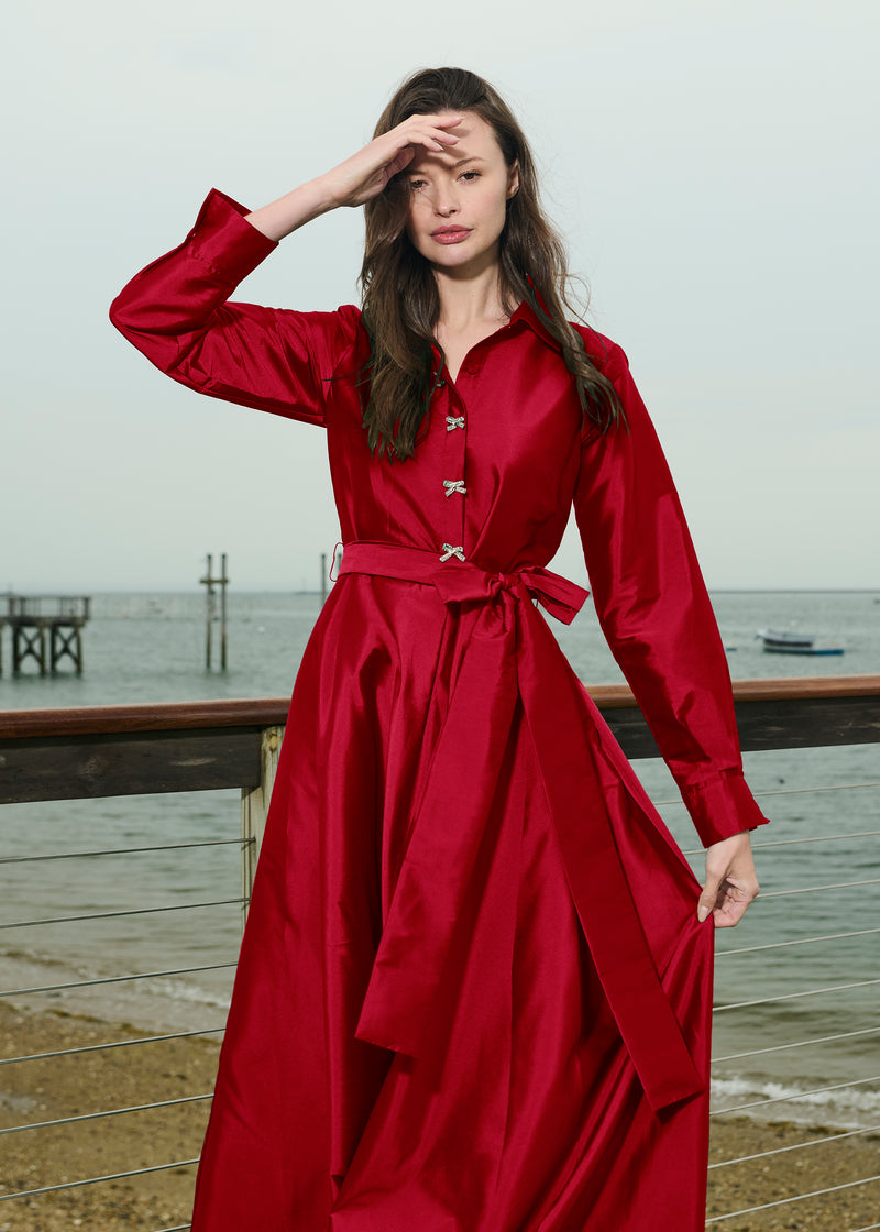 TAFFETA ALINE GOWN WITH CRYSTAL BUTTONS RED