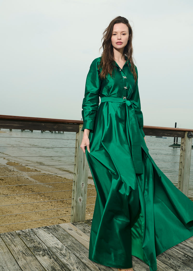 Taffeta Aline Gown With Crystal Buttons Emerald