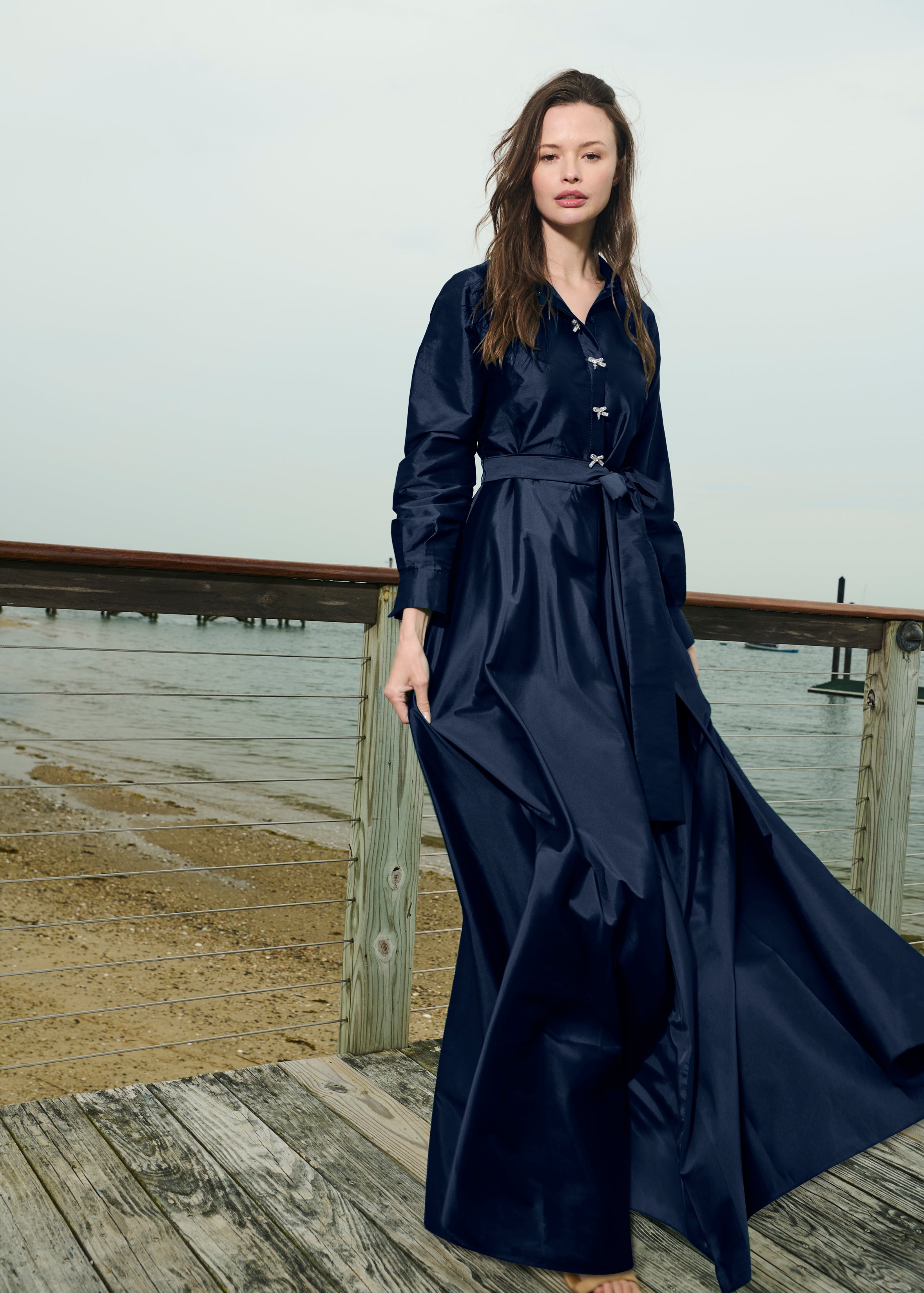 TAFFETA ALINE GOWN WITH CRYSTAL BUTTONS NAVY