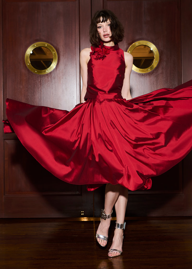 TEA LENGTH PLEATED SOFT TAFFETA MIDI SKIRT RED