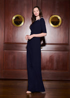 STRETCH CREPE JEWLED NECK COLUMN GOWN WITH CRYSTAL BOW NAVY