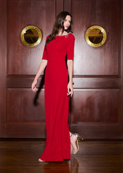 STRETCH CREPE JEWLED NECK COLUMN GOWN WITH CRYSTAL BOW RED