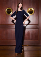 STRETCH CREPE JEWLED NECK COLUMN GOWN WITH CRYSTAL BOW NAVY