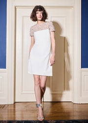 CRYSTAL ILLUSION STRETCH CREPE MINI DRESS IVORY