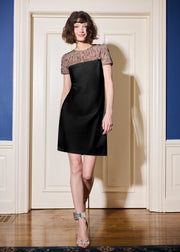 CRYSTAL ILLUSION STRETCH CREPE MINI DRESS BLACK