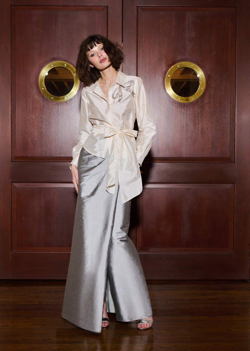 SOFT TAFFETA FAUX WRAP SKIRT SILVER