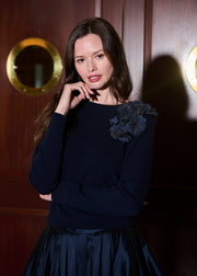 Cashmere Long Sleeve Sweater With Flowers- Navy