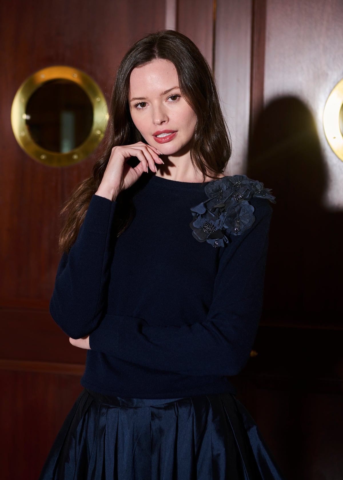 Cashmere Long Sleeve Sweater With Flowers- Navy