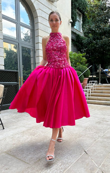 TEA LENGTH PLEATED SOFT TAFFETA MIDI SKIRT WATERMELON